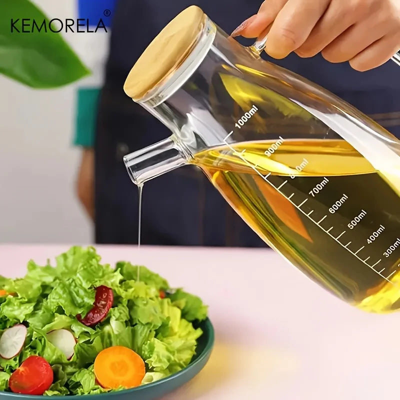 Glass Oil Dispenser with Bamboo Lid & Measurement Scale (1L)