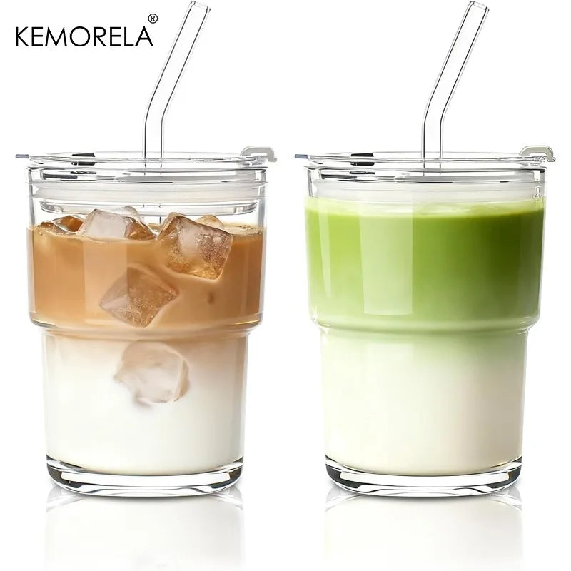 Wide-Mouth Glass Cup with Clear Lid & Bent Glass Straw