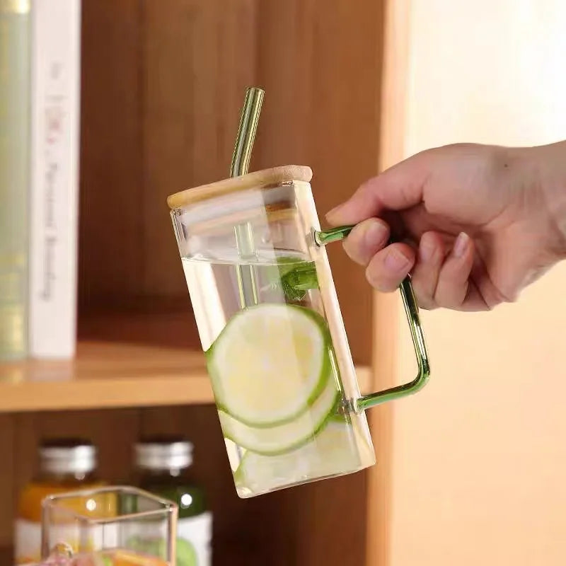 Square Glass Mug with Handle, Bamboo Lid & Straw (400ml)