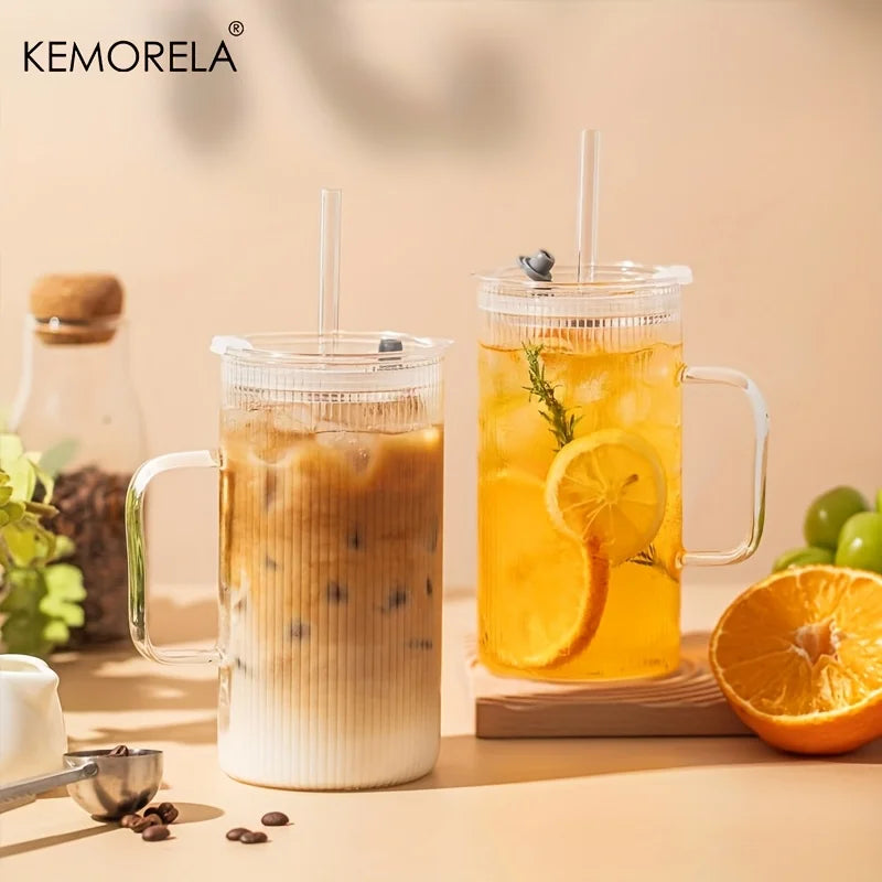 Ribbed Glass Mug with Lid & Straw