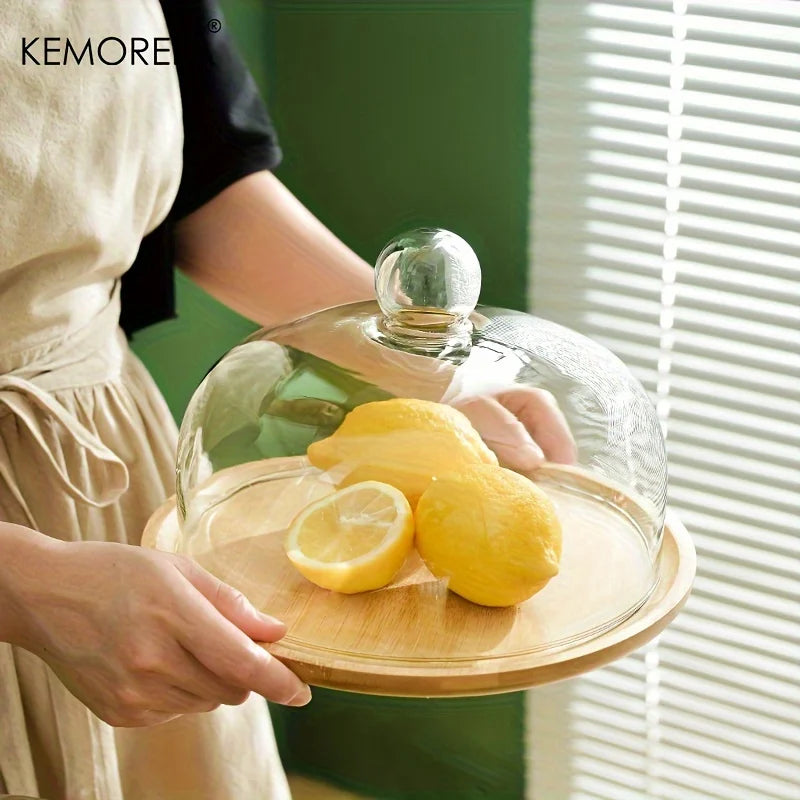 Wooden Cake Stand with Glass Dome Cover