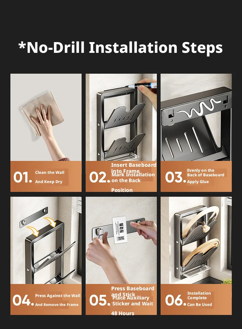 Wall-Mounted Pot Lid Organizer with Drip Tray