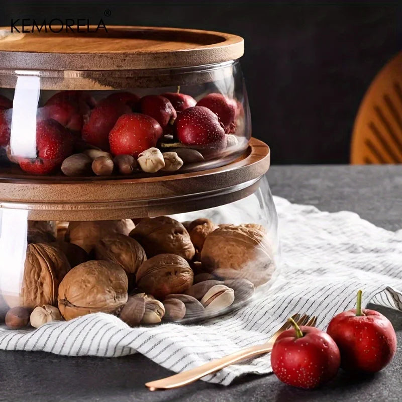 Large Clear Glass Bowl with Walnut Wood Lid
