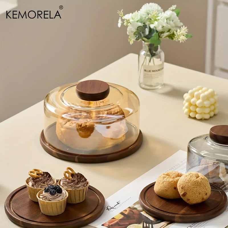 Glass Cake Stand with Walnut Wood Base & Dome