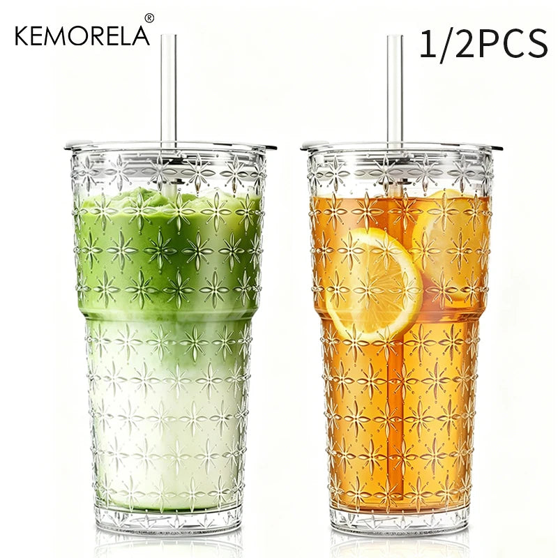 Star-Textured Glass Cup with Lid & Straw (1-2pcs)
