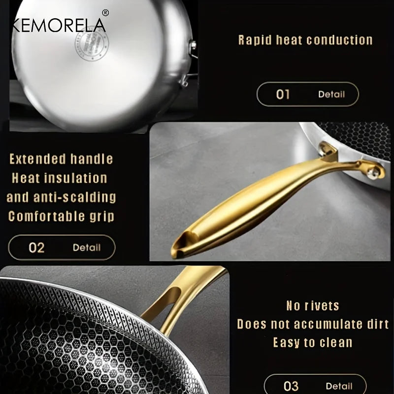 316 Stainless Steel Honeycomb Non-Stick Frying Pan with Gold Handle