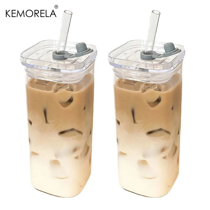 Square Glass Cups with Lids & Straws (6pcs)