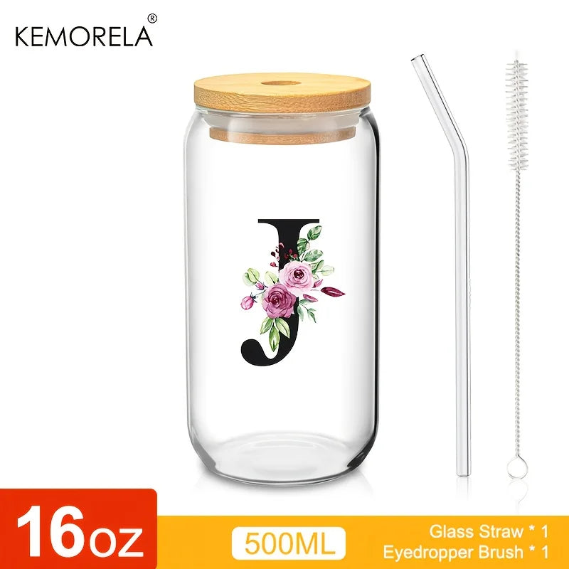Personalized Initial Letter Glass Can Cup with Bamboo Lid & Straw (500ml)