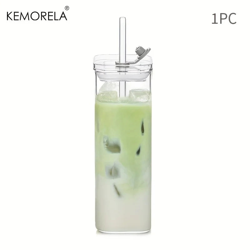 Tall Square Glass Cup with Flip Lid & Straw