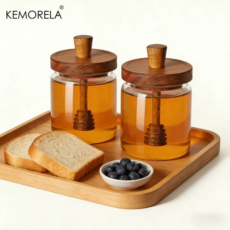 Glass Honey Jar with Acacia Wood Lid & Dipper