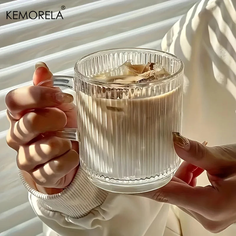 Vertical Ribbed Glass Coffee Mug with Square Handle (350/450ml)