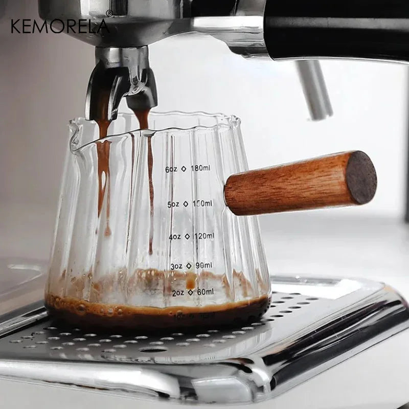 Ribbed Glass Espresso Cup with Wooden Handle & Scale (180ml)
