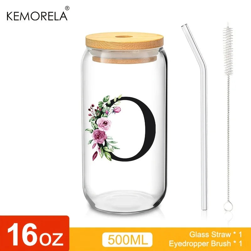Personalized Initial Letter Glass Can Cup with Bamboo Lid & Straw (500ml)