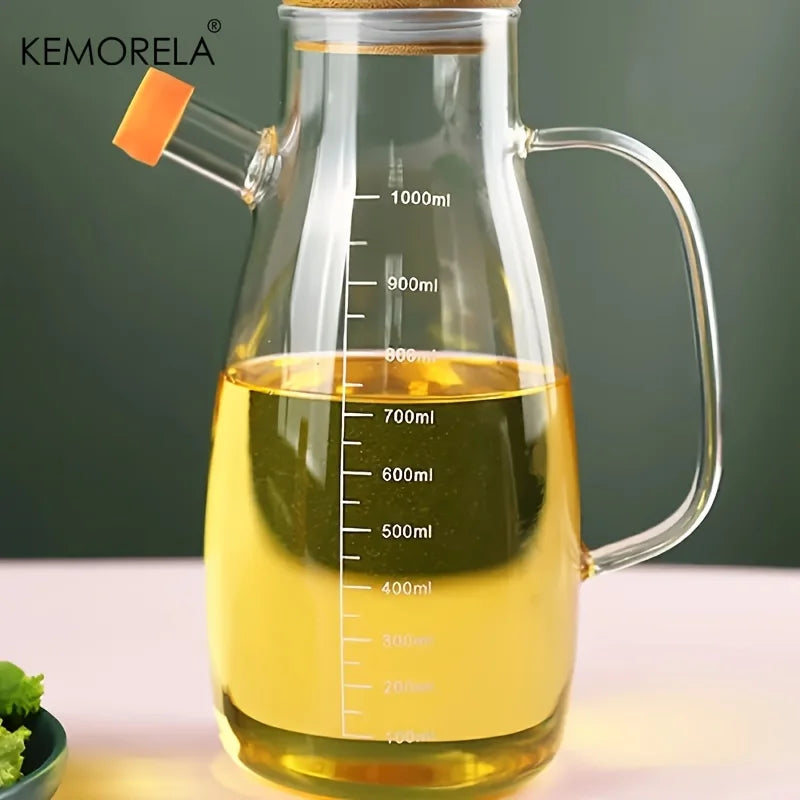 Glass Oil Dispenser with Bamboo Lid & Measurement Scale (1L)