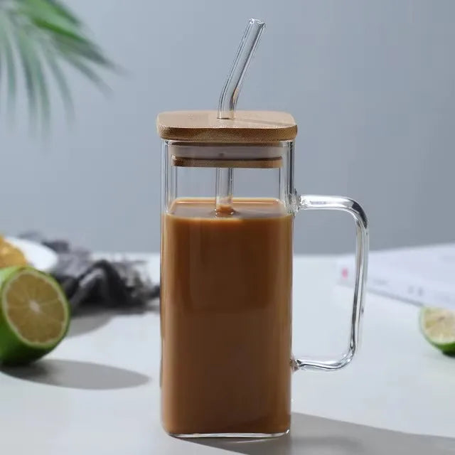 Square Glass Mug with Handle, Bamboo Lid & Straw (400ml)