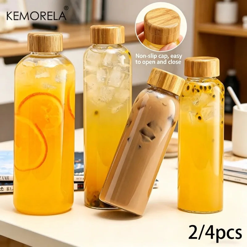 Glass Water Bottle with Bamboo Cap (2 & 4pcs)