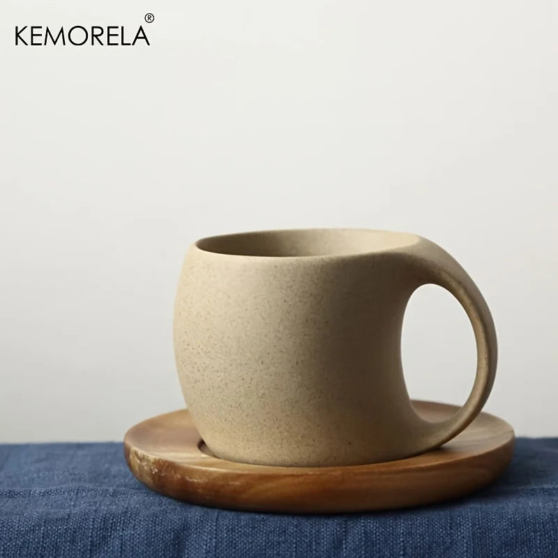 Handmade Stoneware Coffee Cup with Wooden Saucer (200ml)