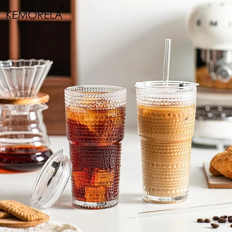 Hobnail Glass Cup with Lid & Straw 600ml (1-2pcs)