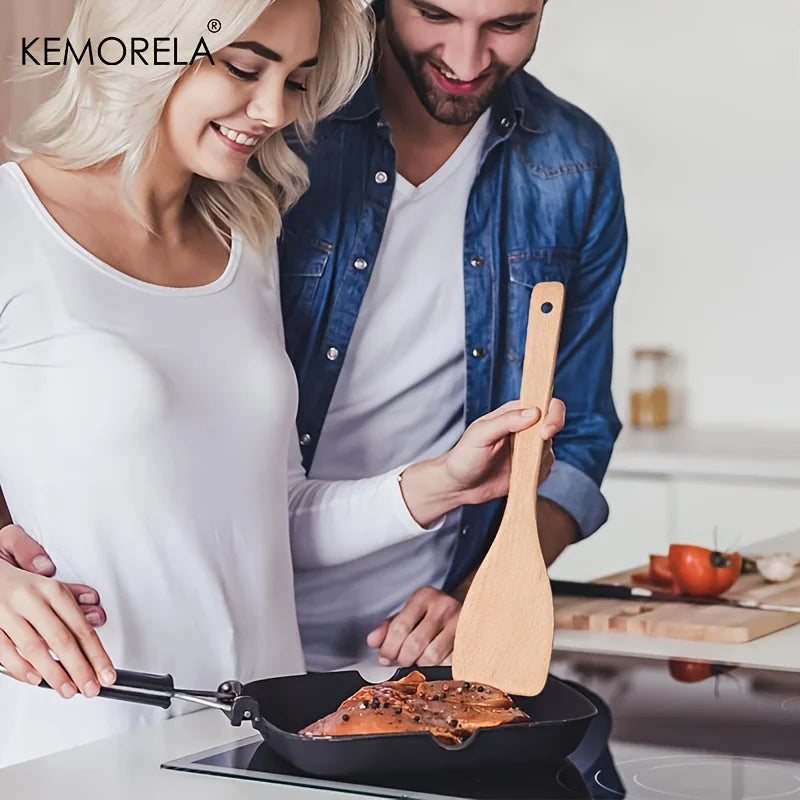 Natural Beechwood Angled Wok Spatula (Set of 2, Long Handle)