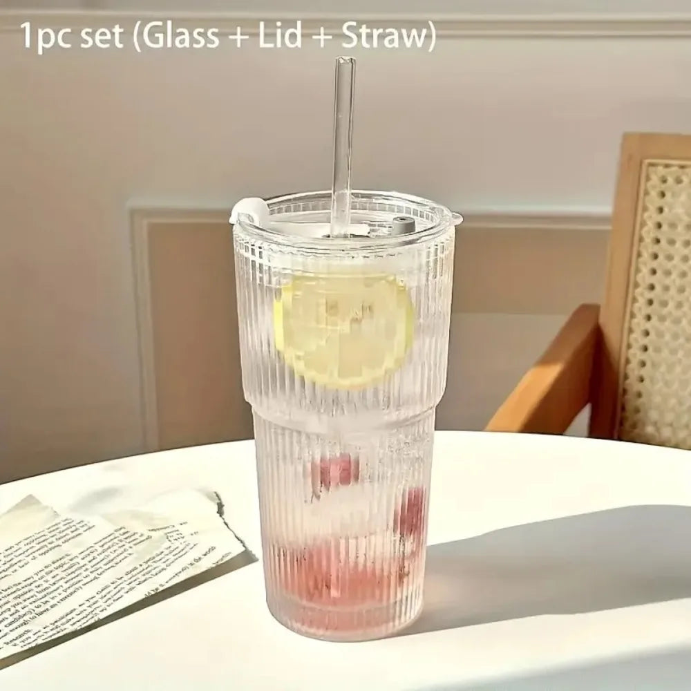 Tall Ribbed Glass Tumbler with Lid & Glass Straw (500/700ml)