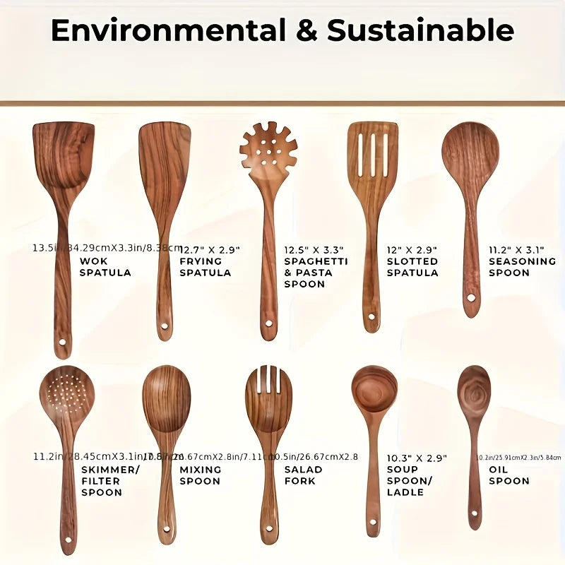 Natural Teak Wood Kitchen Utensil Set (10pcs)