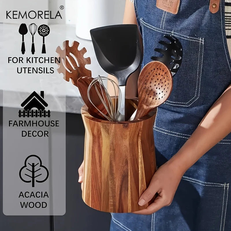 Solid Acacia Wood Rotating Utensil Holder