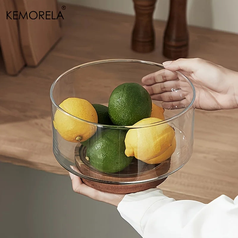 Glass Fruit Bowl with Walnut Wood Base