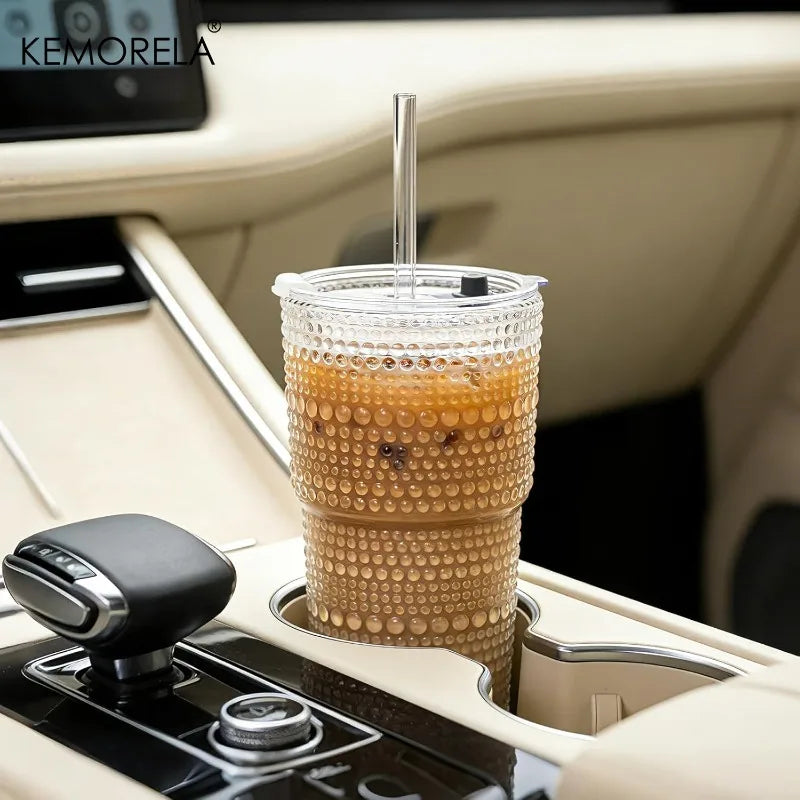 Hobnail Glass Cup with Lid & Straw 600ml (1-2pcs)