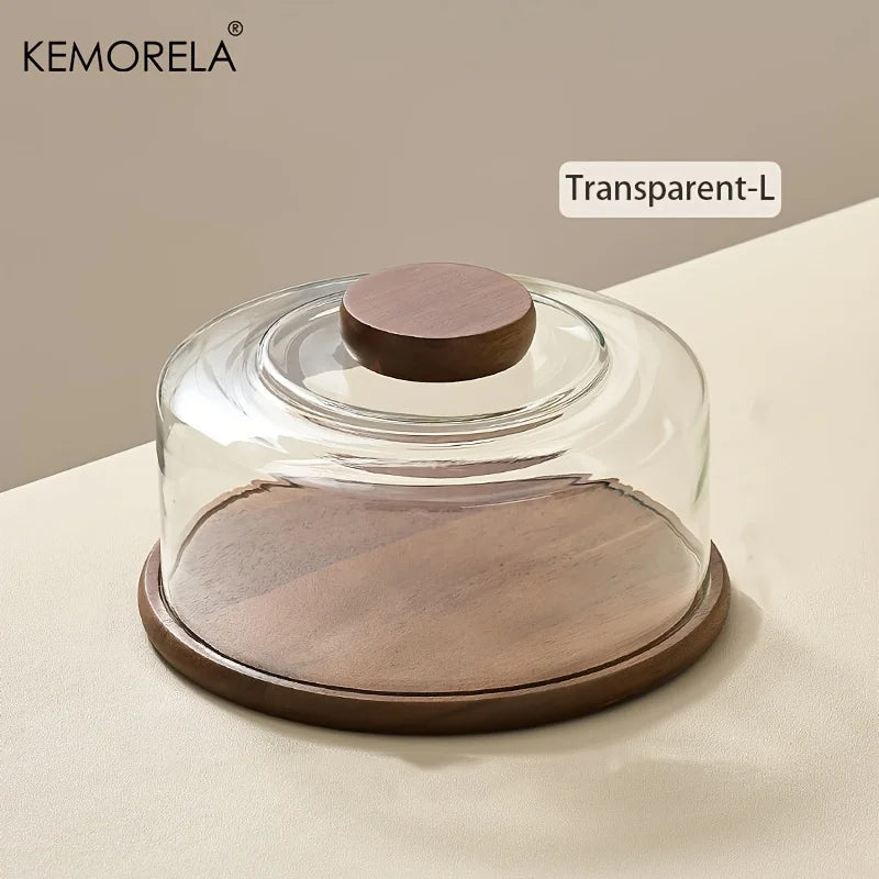 Glass Cake Stand with Walnut Wood Base & Dome