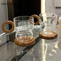 Wavy Glass Coffee Mug with Round Wood Handle & Saucer (250/350ml)