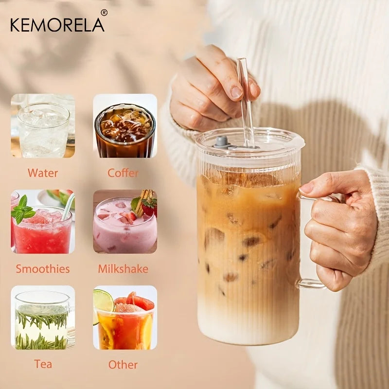 Ribbed Glass Mug with Lid & Straw