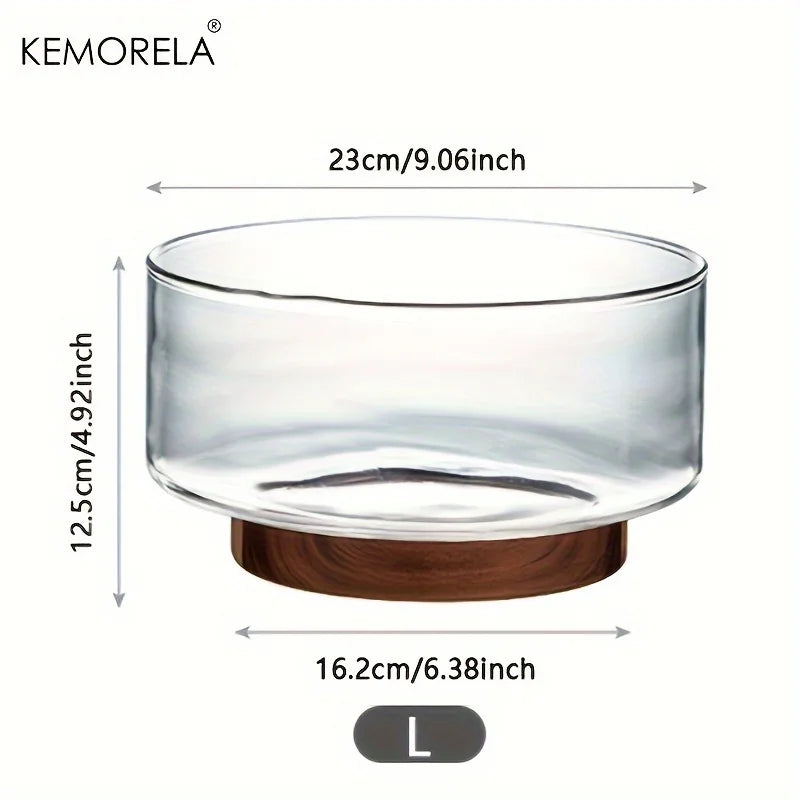 Glass Fruit Bowl with Walnut Wood Base
