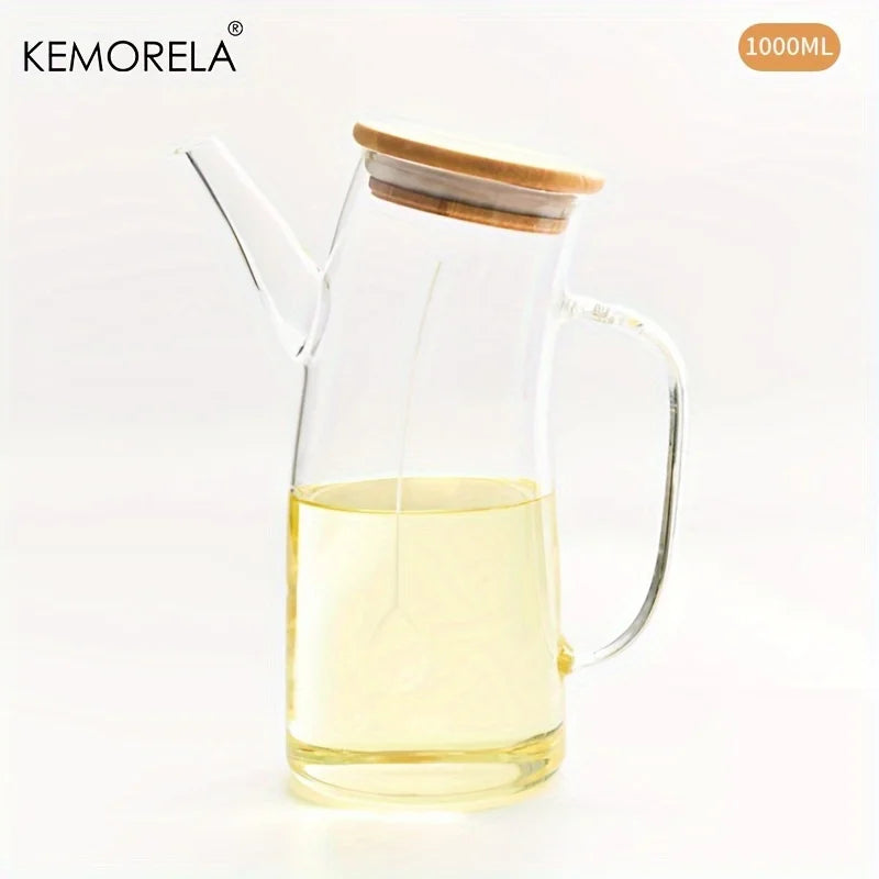 Glass Olive Oil Dispenser Bottle with Bamboo Lid & Handle