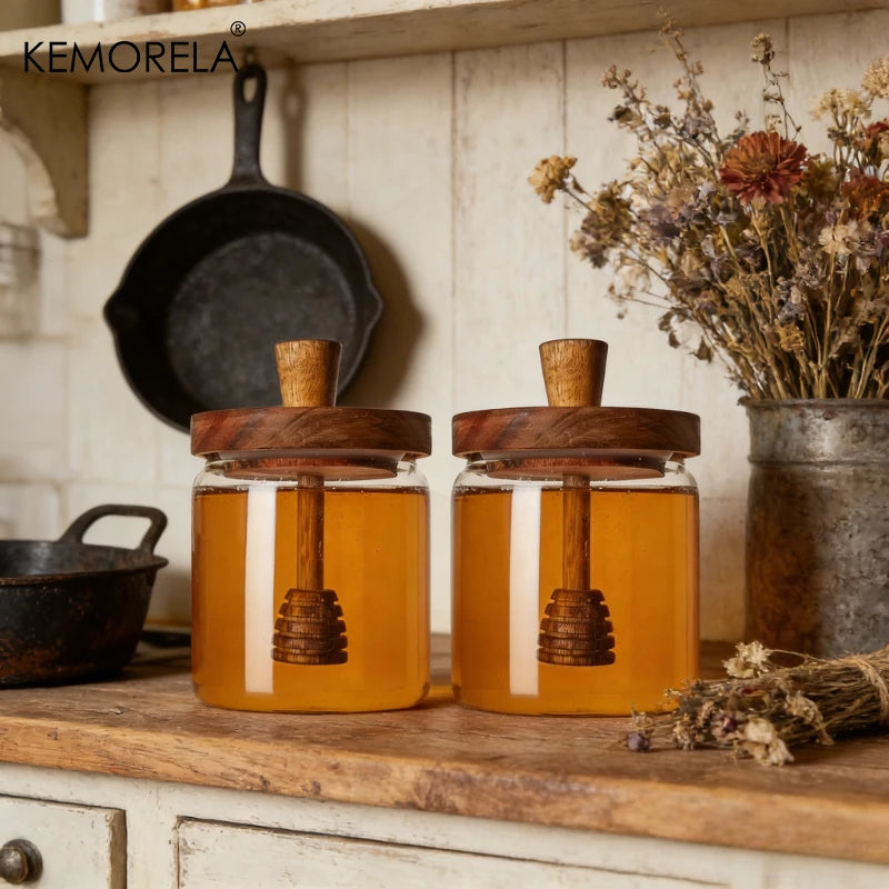 Glass Honey Jar with Acacia Wood Lid & Dipper