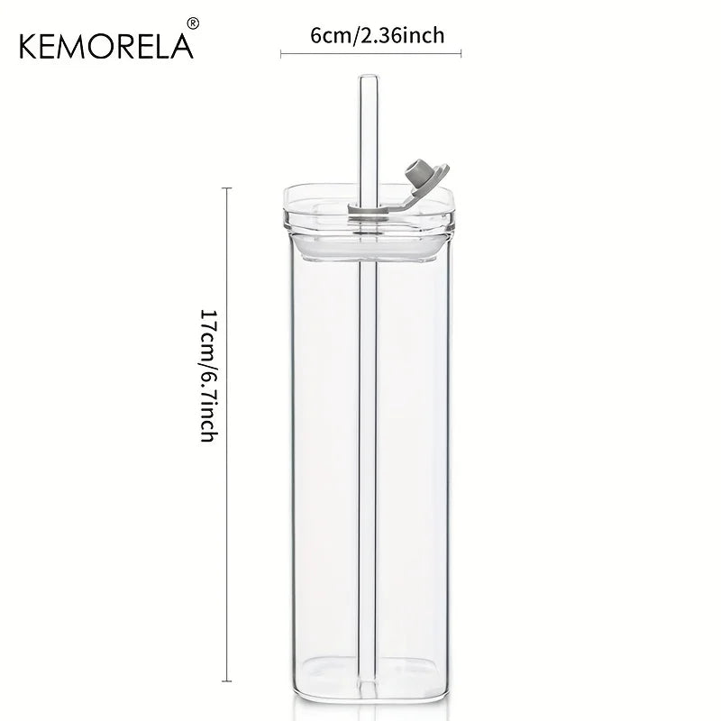 Tall Square Glass Cup with Flip Lid & Straw