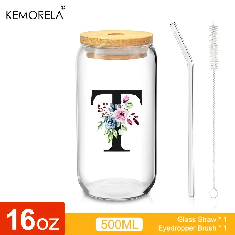 Personalized Initial Letter Glass Can Cup with Bamboo Lid & Straw (500ml)