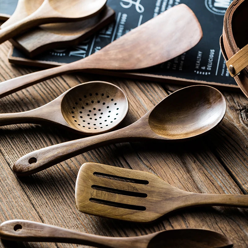 9-Piece Teak Wooden Utensil Set with Holder