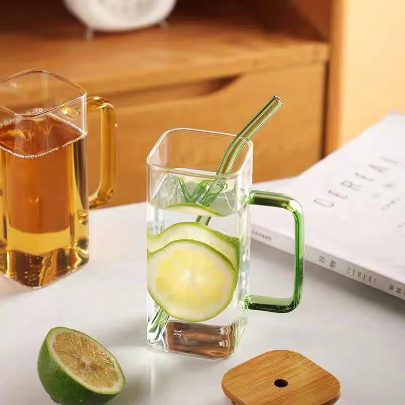 Square Glass Mug with Handle, Bamboo Lid & Straw (400ml)