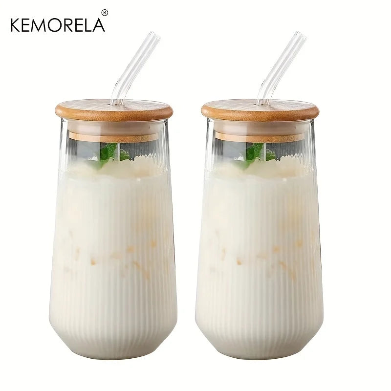 Ribbed Glass Cup with Bamboo Lid & Straw (Set of 2)