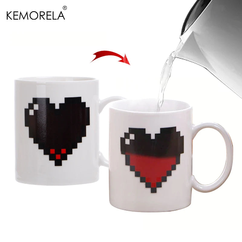 Heat-Sensitive Color-Changing Pixel Heart Ceramic Mug (350ml)