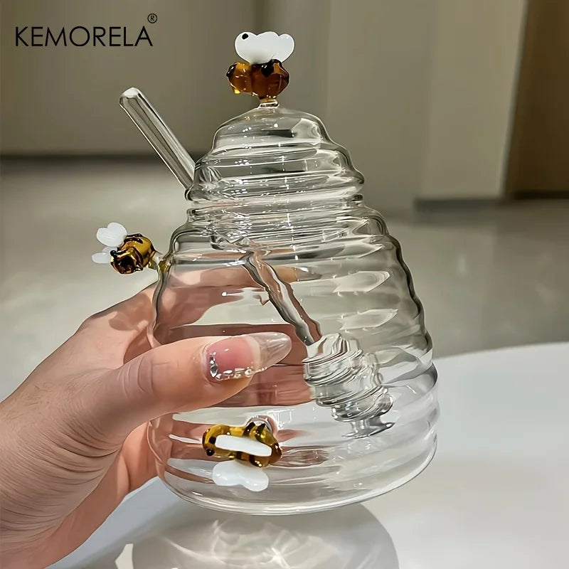 Glass Beehive Honey Jar with Dipper & Lid