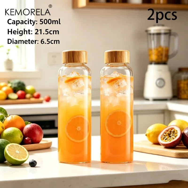 Glass Water Bottle with Bamboo Cap (2 & 4pcs)