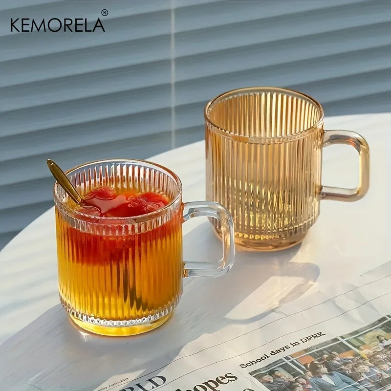 Vertical Ribbed Glass Coffee Mug with Square Handle (350/450ml)