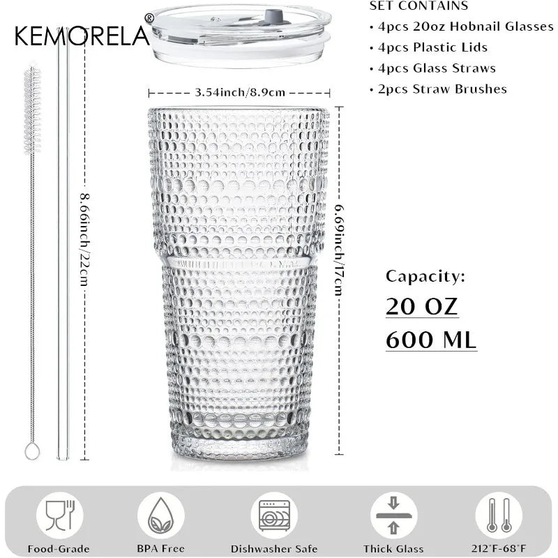 Hobnail Glass Cup with Lid & Straw 600ml (1-2pcs)