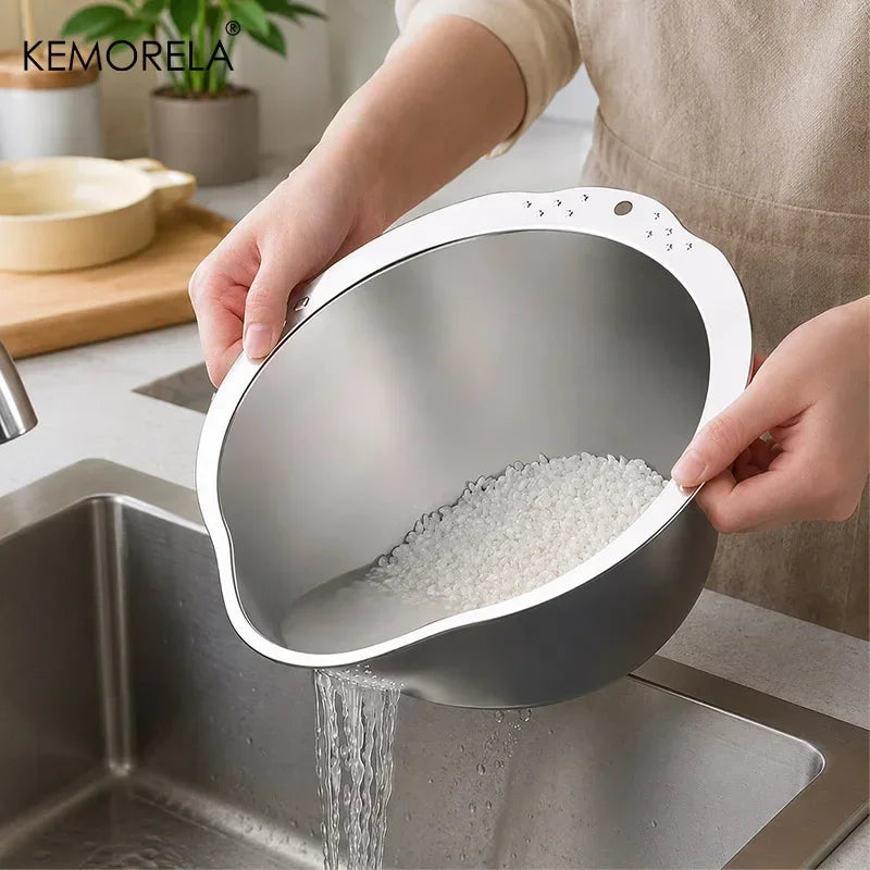 Stainless Steel Rice Washing Bowl with Side Drain Holes (24/26/28cm)
