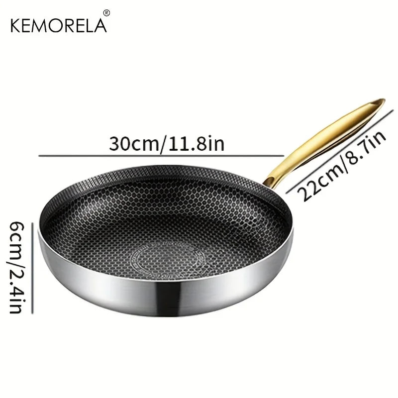 316 Stainless Steel Honeycomb Non-Stick Frying Pan with Gold Handle
