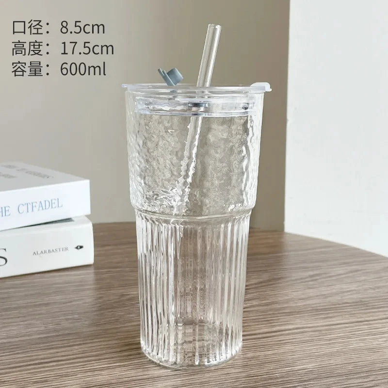 Tall Ribbed Glass Tumbler with Flip Lid & Glass Straw (650ml)