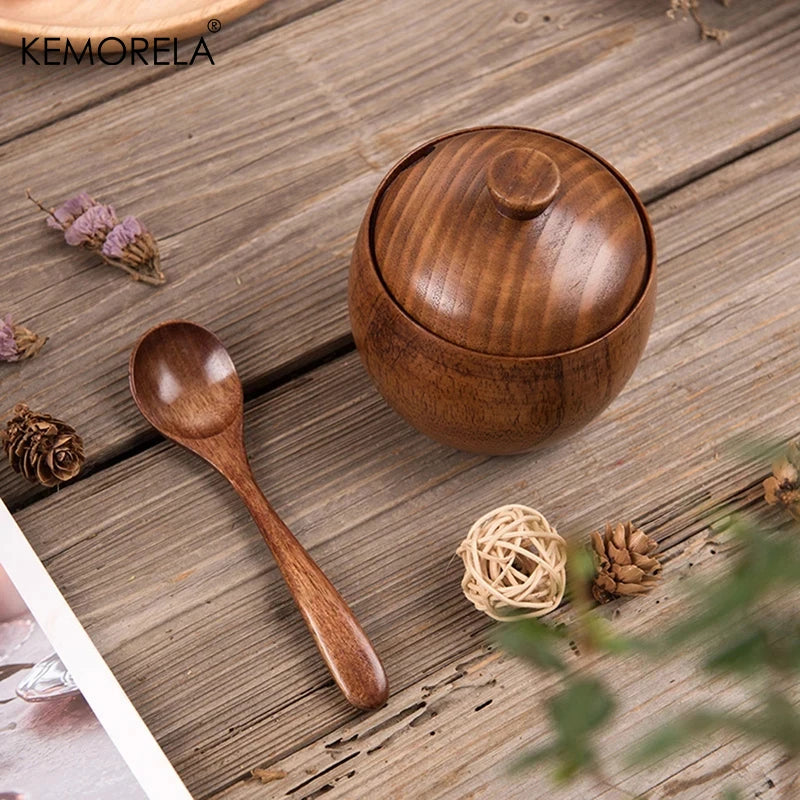 Round Solid Wood Spice Jar with Lid & Long Spoon (Set of 2)