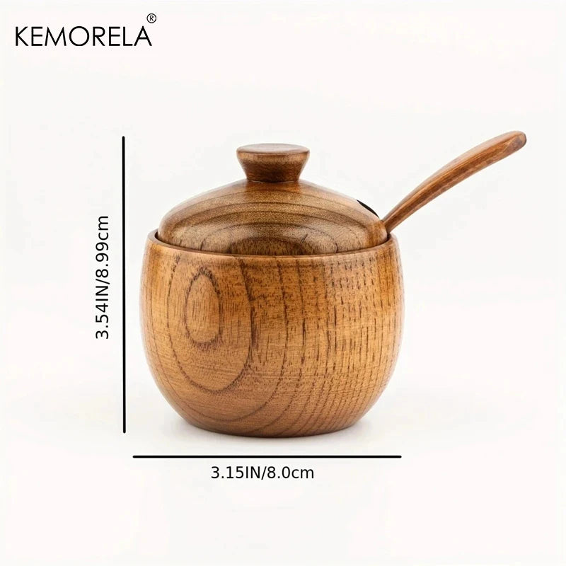 Round Solid Wood Spice Jar with Lid & Long Spoon (Set of 2)