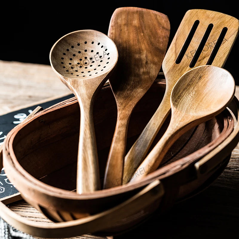 9-Piece Teak Wooden Utensil Set with Holder